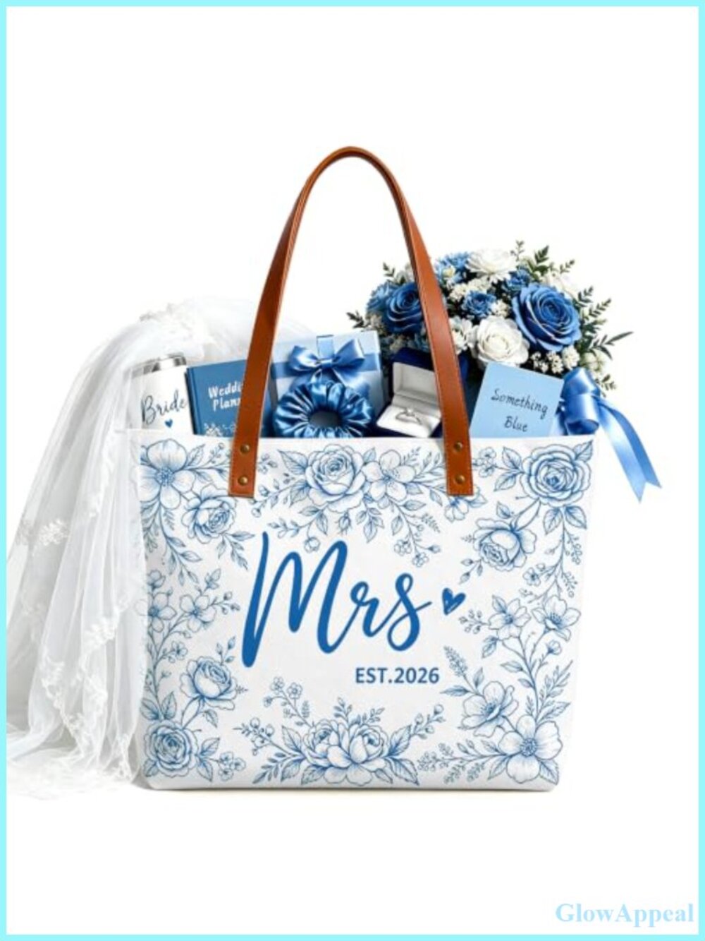 Large Canvas Tote Bag with Faux Leather Handles Mrs Bridal Shower Gift